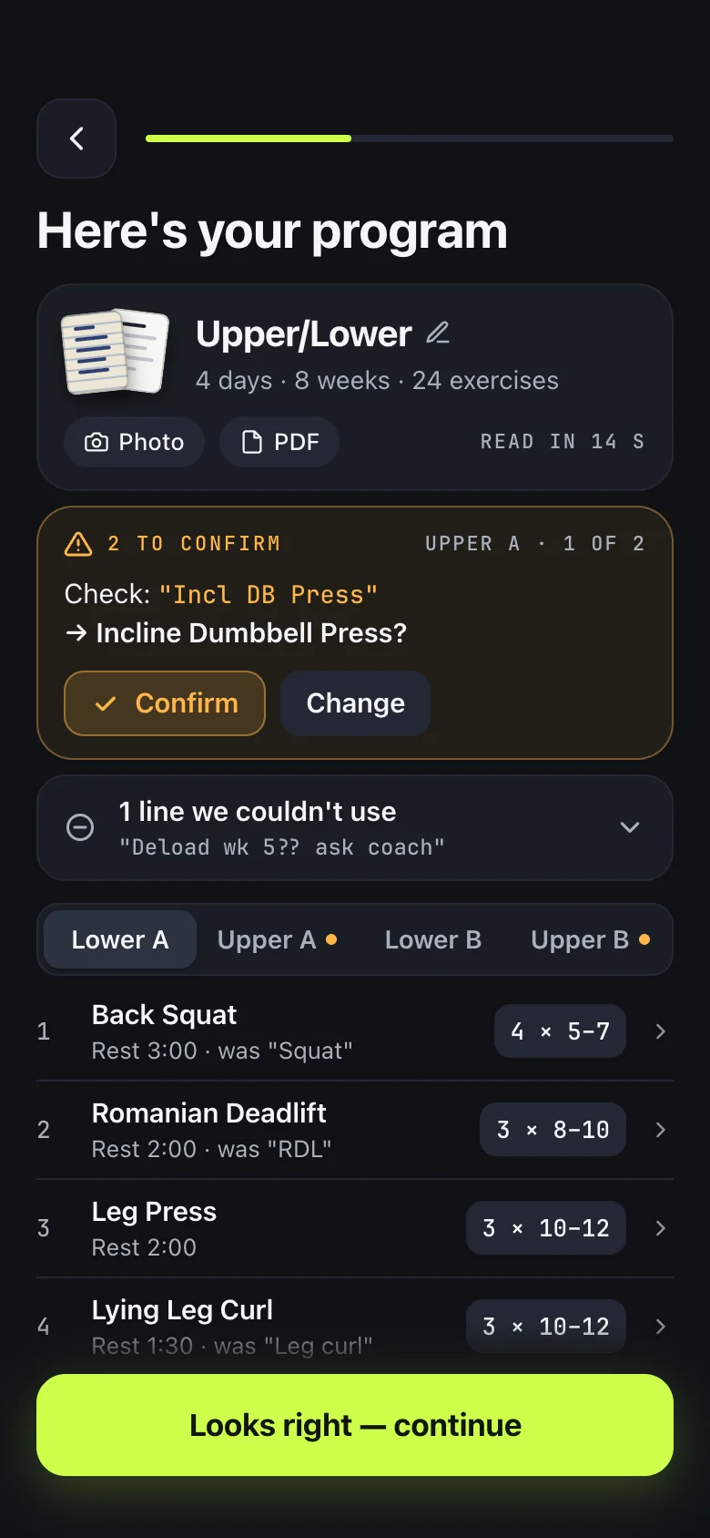 Fortium's import review screen: an Upper/Lower program read from a photo, with two lines flagged to confirm